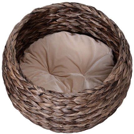 Rattan Kattenmand Gezellige Kattengrot Van Waterhyacint, Donkerbruin, Ideaal Voor De Woonkamer, 50X42X60Cm