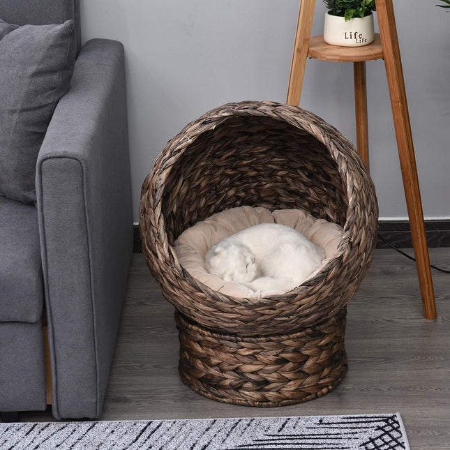Rattan Cat Basket - Cozy Water Hyacinth Cave, Dark Brown