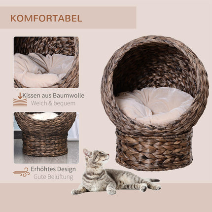 Rattan Kattenmand Gezellige Kattengrot Van Waterhyacint, Donkerbruin, Ideaal Voor De Woonkamer, 50X42X60Cm