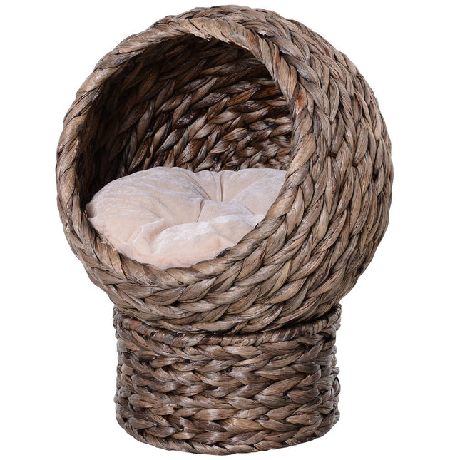 Rattan Cat Cave Bed, dark brown, water hyacinth, with pillow