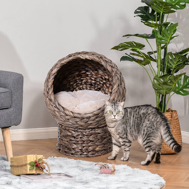 Rattan Cat Cave Bed, dark brown, water hyacinth, with pillow