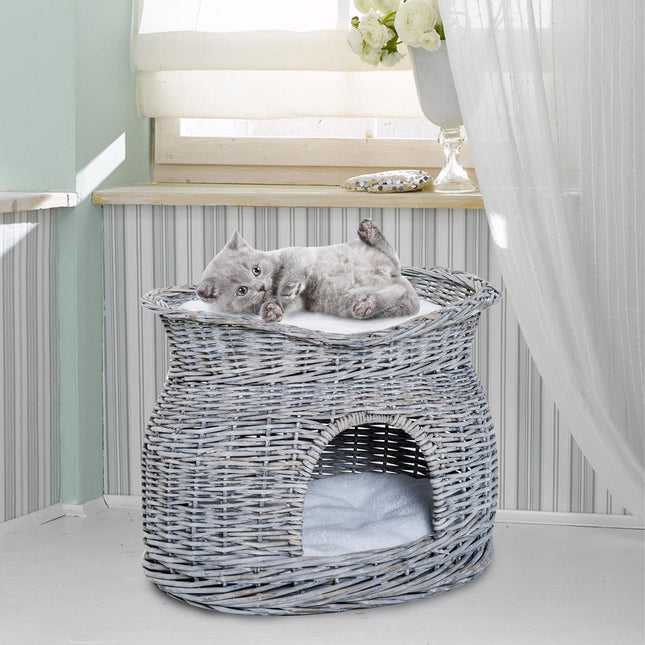 Rattan Cat Bed with canopy and cushion, water hyacinth