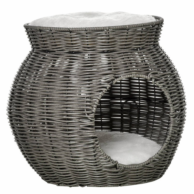 Two-story rattan cat basket with cushions, dark grey