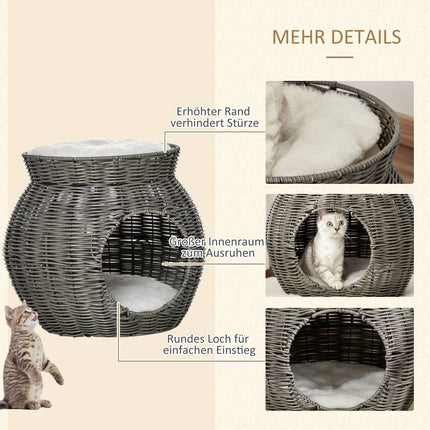 Two-story rattan cat basket with cushions, dark grey