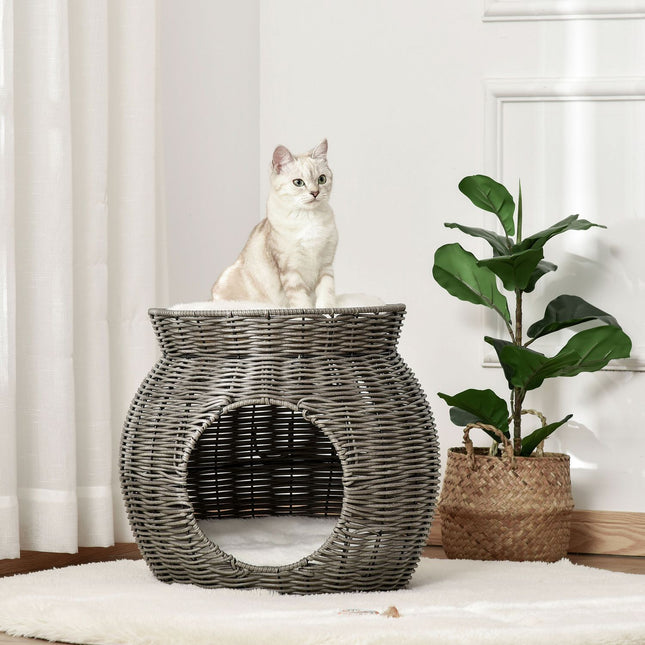 Two-story rattan cat basket with cushions, dark grey