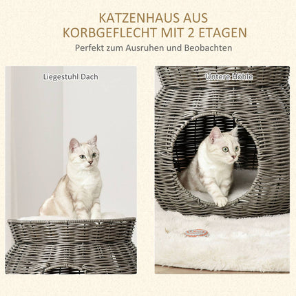 Two-story rattan cat basket with cushions, dark grey