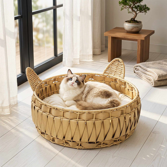 Rattan Cat Bed Cave, Removable Cushion, Up to 10 kg