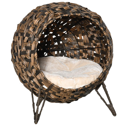 Rattan Cat Bed, raised design with pillow, brown Ø52cm