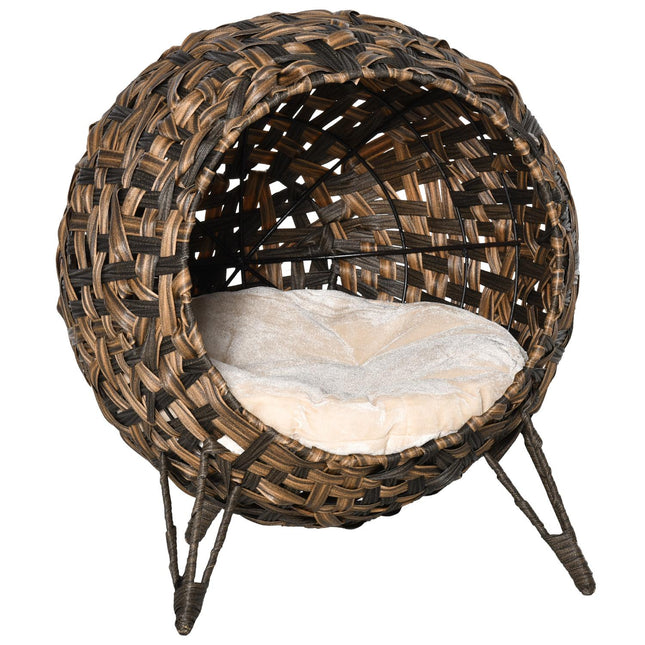 Rattan Cat Bed, raised design with pillow, brown Ø52cm