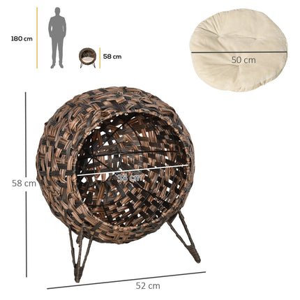Rattan Cat Bed, raised design with pillow, brown Ø52cm