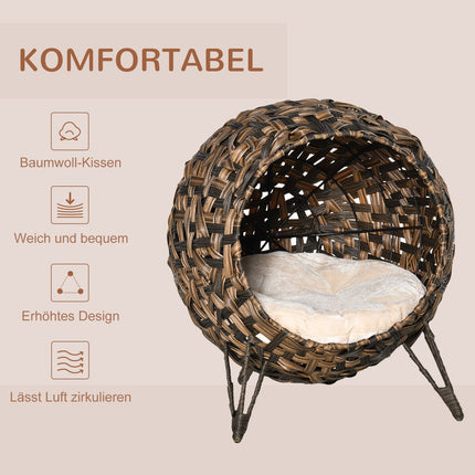 Rattan Cat Bed, raised design with pillow, brown Ø52cm