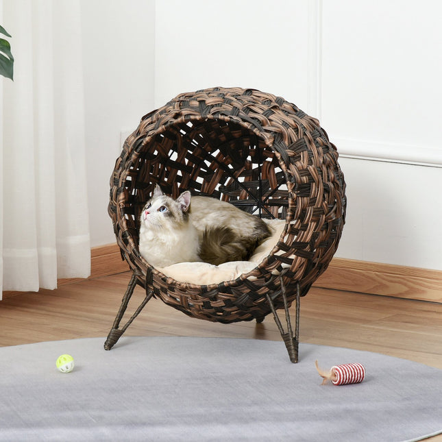 Rattan Cat Bed, raised design with pillow, brown Ø52cm