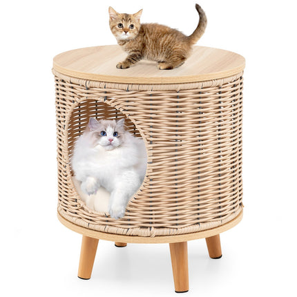 Rattan Cat Bed with Wood Legs & Removable Cushion