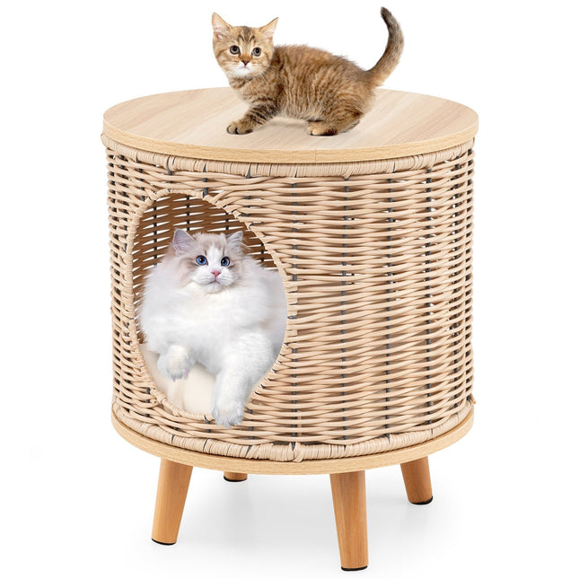 Rattan Cat Bed with Wood Legs & Removable Cushion