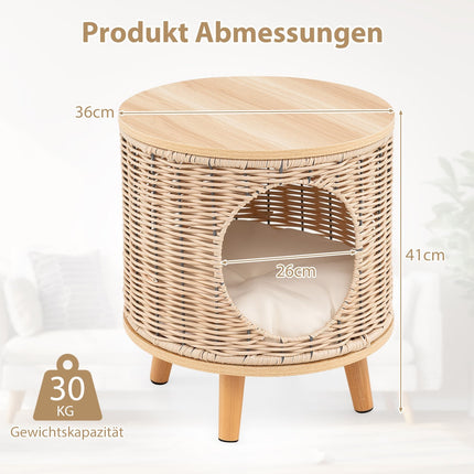 Rattan Cat Bed with Wood Legs & Removable Cushion
