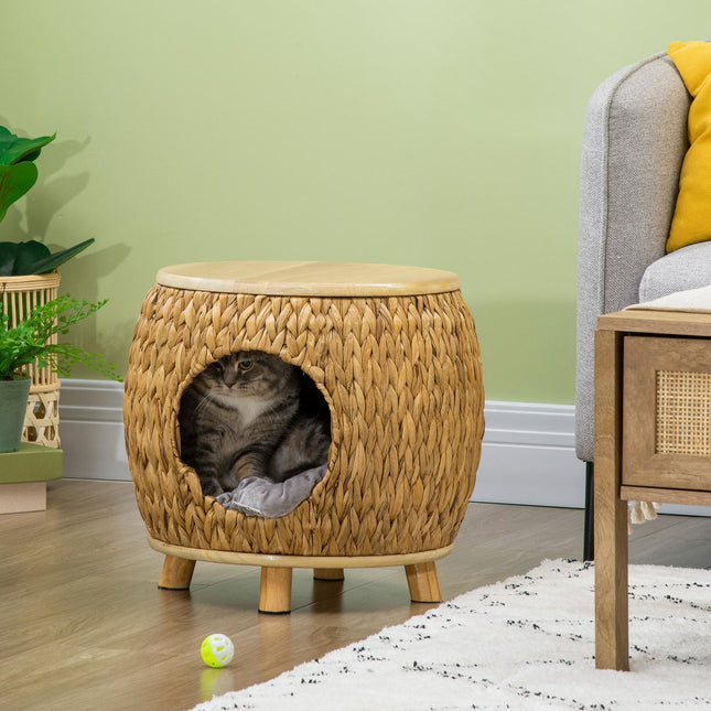 Rattan Cat Cave & Bed - 2-in-1 with pillow, 44x43x42cm