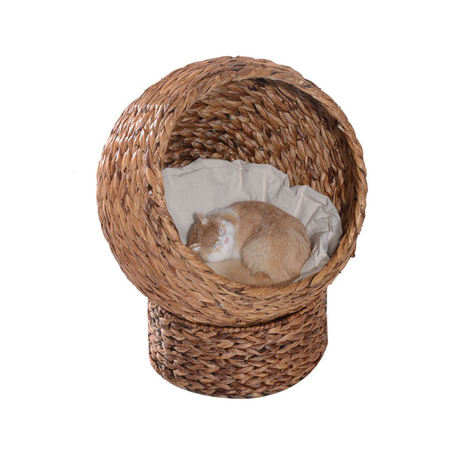 Rattan Cat Cave Bed With Cushion, Water Hyacinth, 50cm