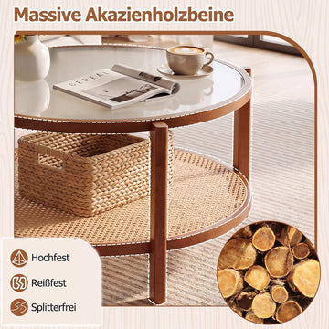 Rattan Coffee Table with Frosted Glass Top and Wood Legs