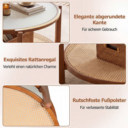 Rattan Coffee Table with Frosted Glass Top and Wood Legs