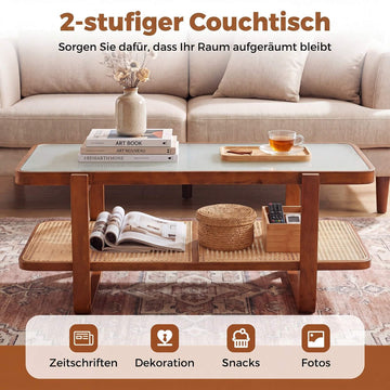 Rattan Coffee Table with Glass Top and Storage Shelf, Walnut