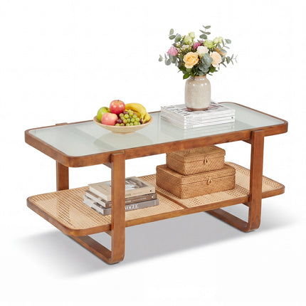 Rattan Coffee Table with Glass Top and Storage Shelf, Walnut
