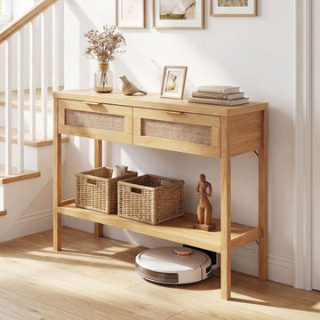 Rattan Console Table, 2 Drawers, Bottom Shelf, Natural