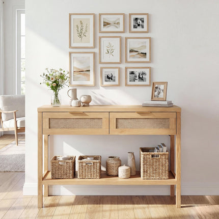 Rattan Console Table, 2 Drawers, Bottom Shelf, Natural