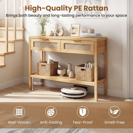Rattan Console Table, 2 Drawers, Bottom Shelf, Natural