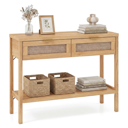 Rattan Console Table, 2 Drawers, Bottom Shelf, Natural