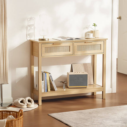 Rattan Console Table With 2 Drawers, Sliding Door