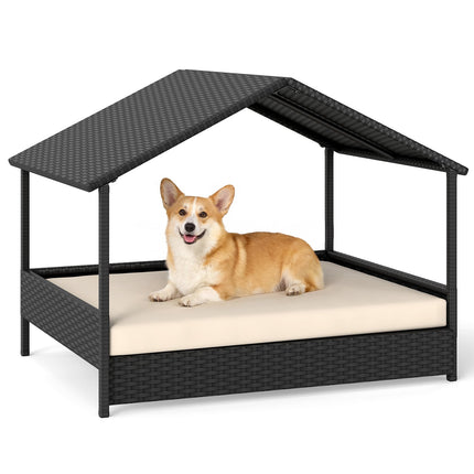 Rattan Dog House with Canopy, Elevated, for Pets Up to 60 kg