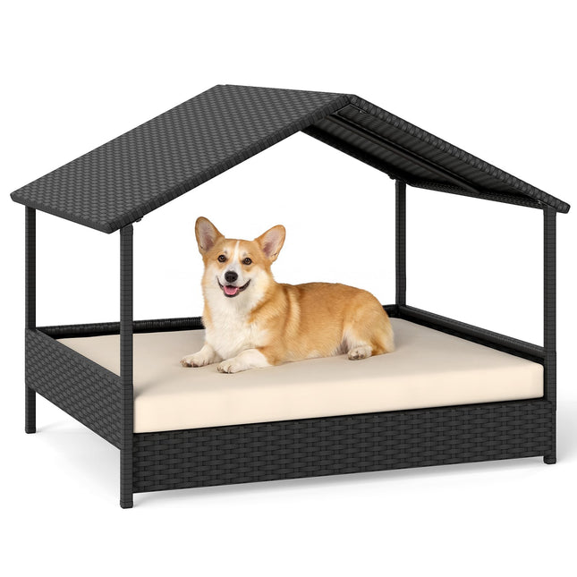 Rattan Dog House with Canopy, Elevated, for Pets Up to 60 kg