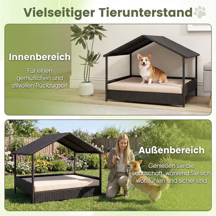 Rattan Dog House with Canopy, Elevated, for Pets Up to 60 kg