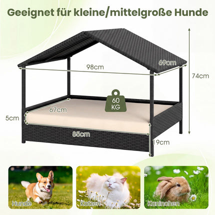 Rattan Dog House with Canopy, Elevated, for Pets Up to 60 kg