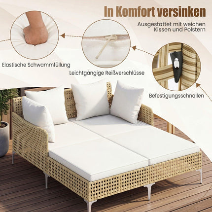 Rattan Double Sun Lounger with Cushions for 2 People