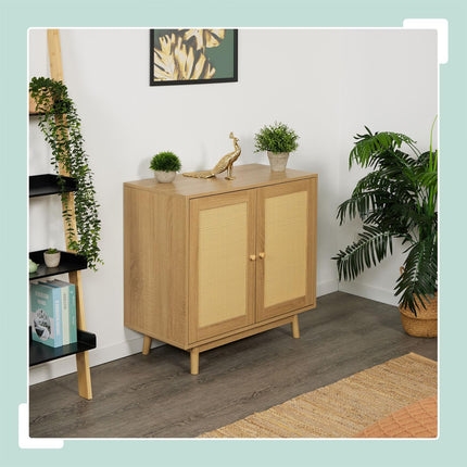 Rattan-Effect Sideboard, Wooden Legs, 2 Doors