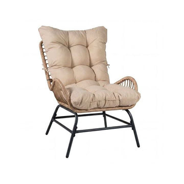 Rattan Garden Armchair with Thick Long Cushion, Khaki, Zippered Cover