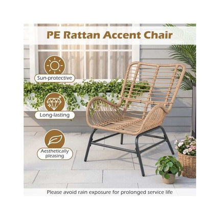 Rattan Garden Armchair with Thick Long Cushion, Khaki, Zippered Cover