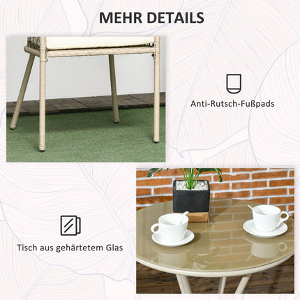 Rotan Tuinmeubelset 3-Delig, Tuinset Met Salontafel, 2 Stoelen, Balkonmeubelset Met Kussens, Tuinzitgroep, Kaki