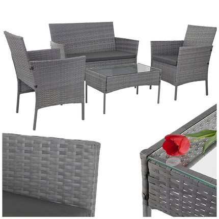 Rattan Garden Furniture Set, Dark Gray, Sofa, 2 Chairs, Table