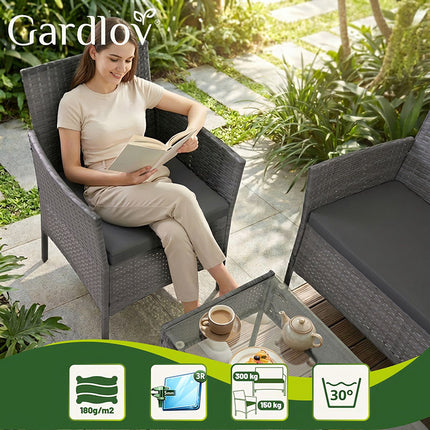 Rattan Garden Furniture Set, Dark Gray, Sofa, 2 Chairs, Table