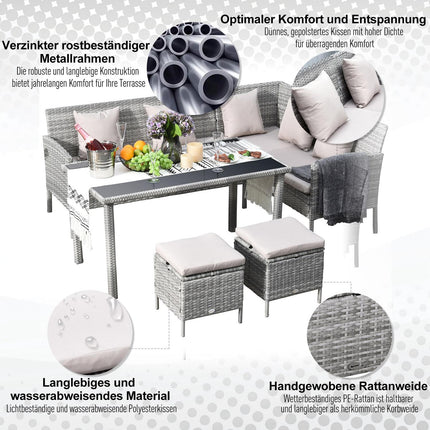 Garden furniture set in gray rattan with footstool, 134x60x75cm