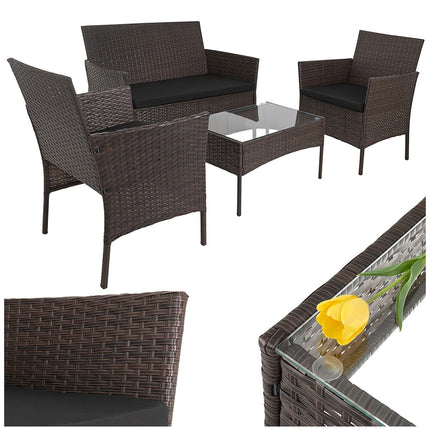 Rattan Garden Furniture Set with Cushions and Glass Table