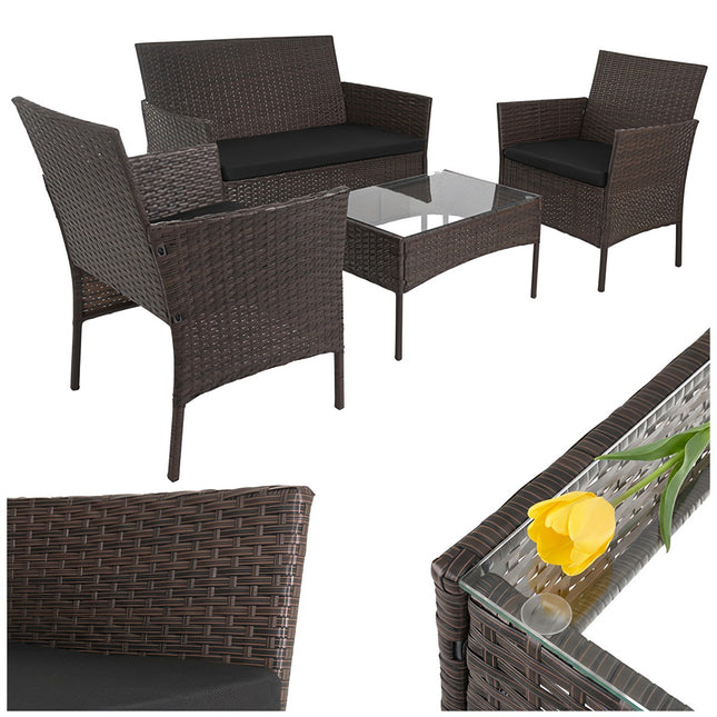 Rattan Garden Furniture Set with Cushions and Glass Table