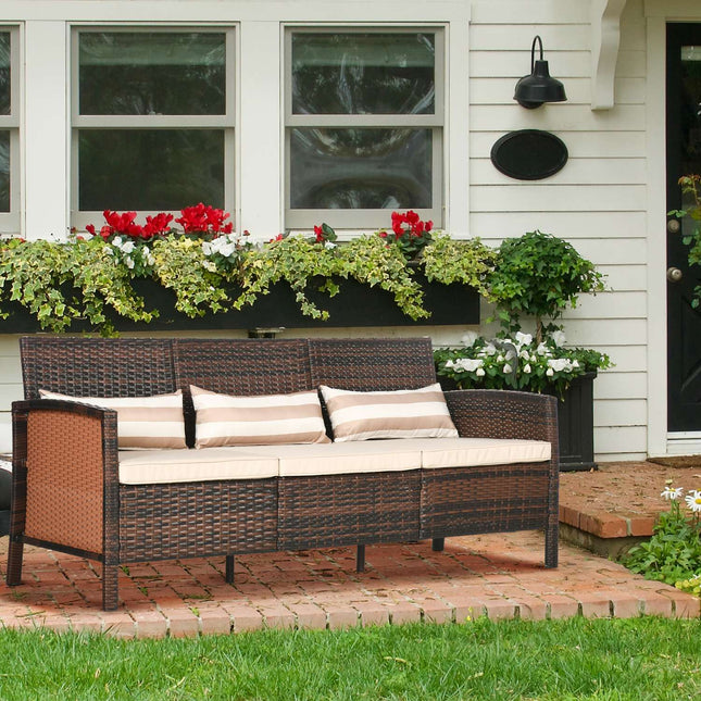 Rattan garden sofa, 3-seater with cushions, steel frame