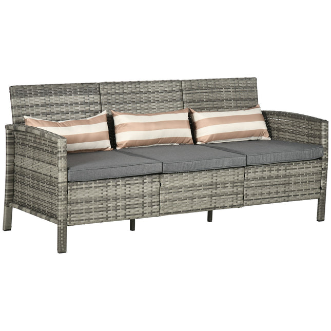 Three-seater garden sofa in rattan, cushions included, grey
