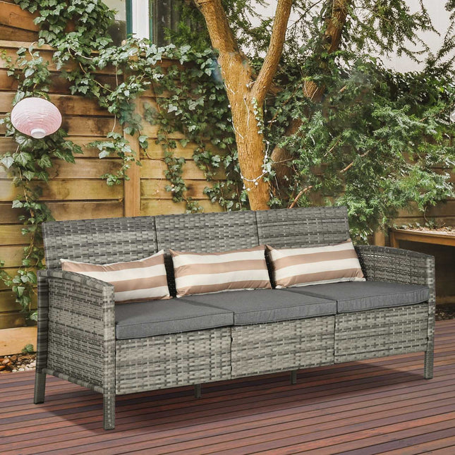 Three-seater garden sofa in rattan, cushions included, grey