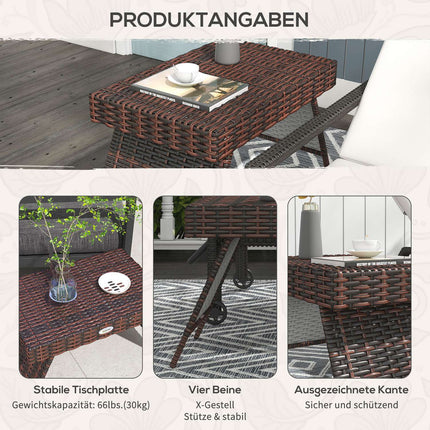 Weather-resistant folding garden table in rattan, brown 60x41x41 Cm