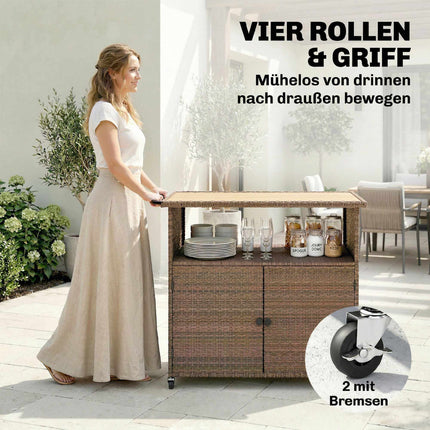 Rattan Kitchen Cart with Eucalyptus Top and Wheels