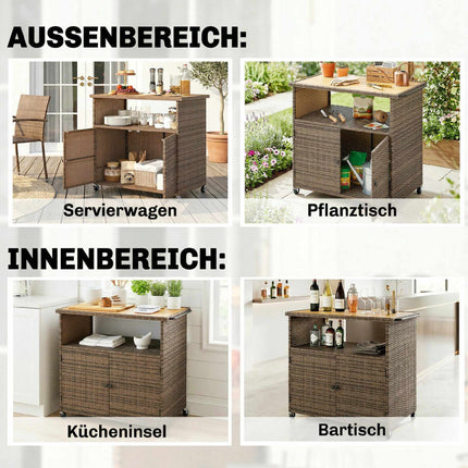Rattan Kitchen Cart with Eucalyptus Top and Wheels